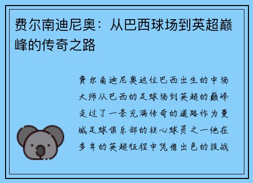 费尔南迪尼奥：从巴西球场到英超巅峰的传奇之路