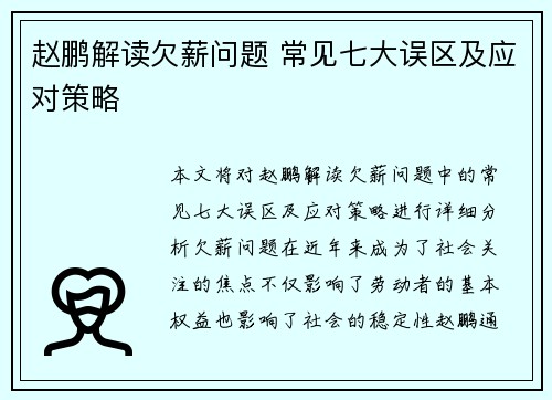 赵鹏解读欠薪问题 常见七大误区及应对策略